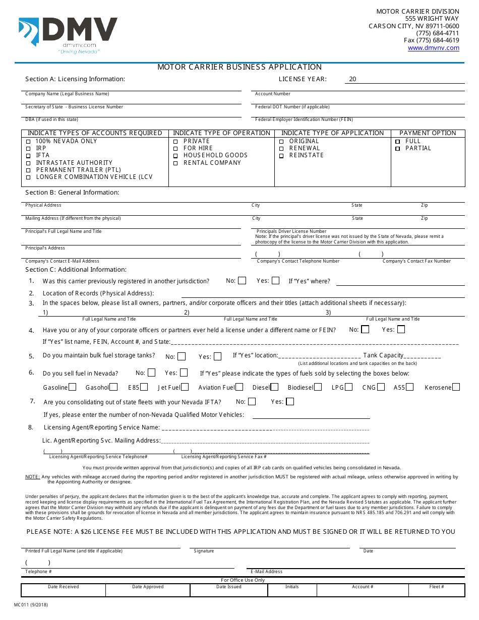 Form MC011 Motor Carrier Business Application - Nevada, Page 1