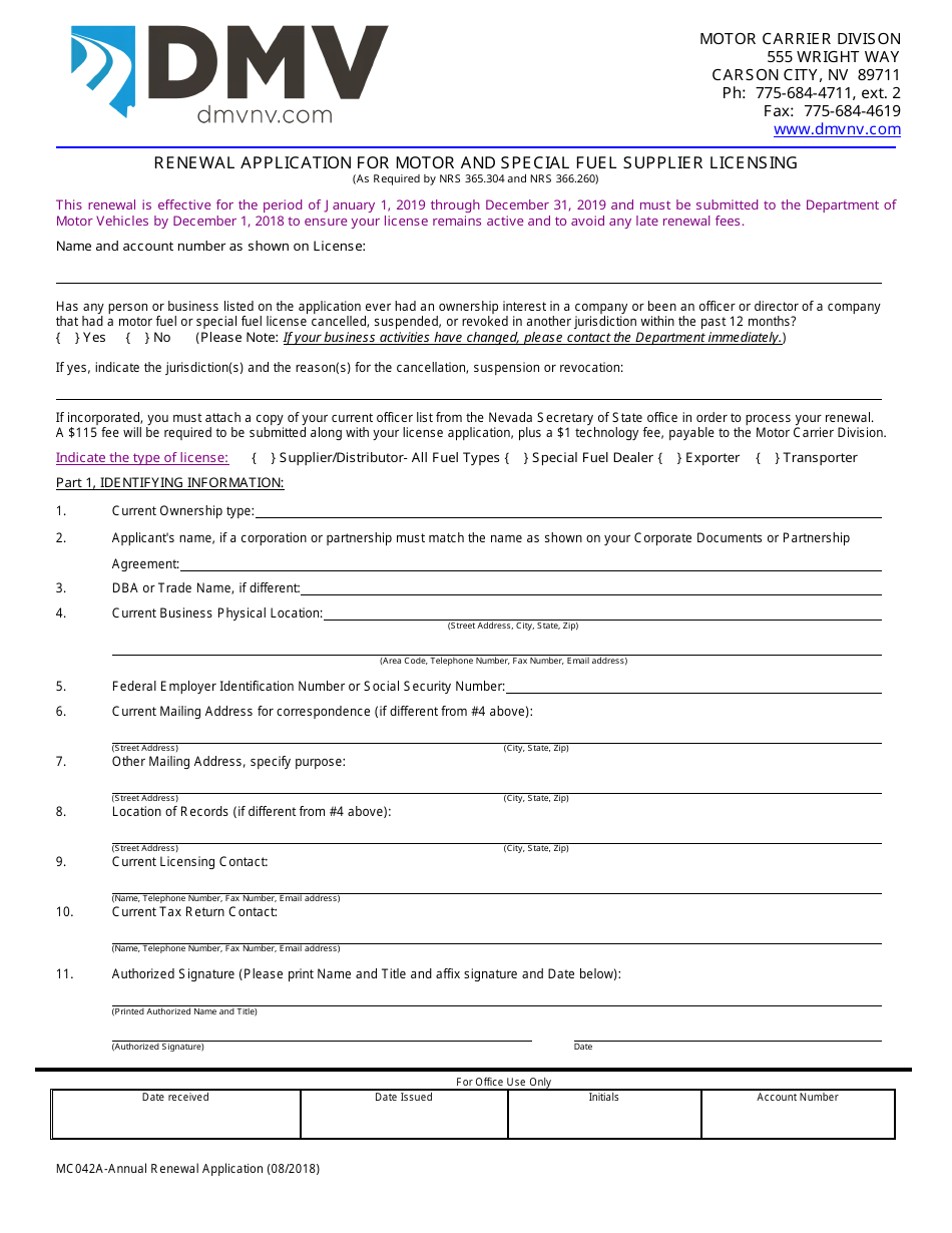 Form MC042A Renewal Application for Motor and Special Fuel Supplier Licensing - Nevada, Page 1