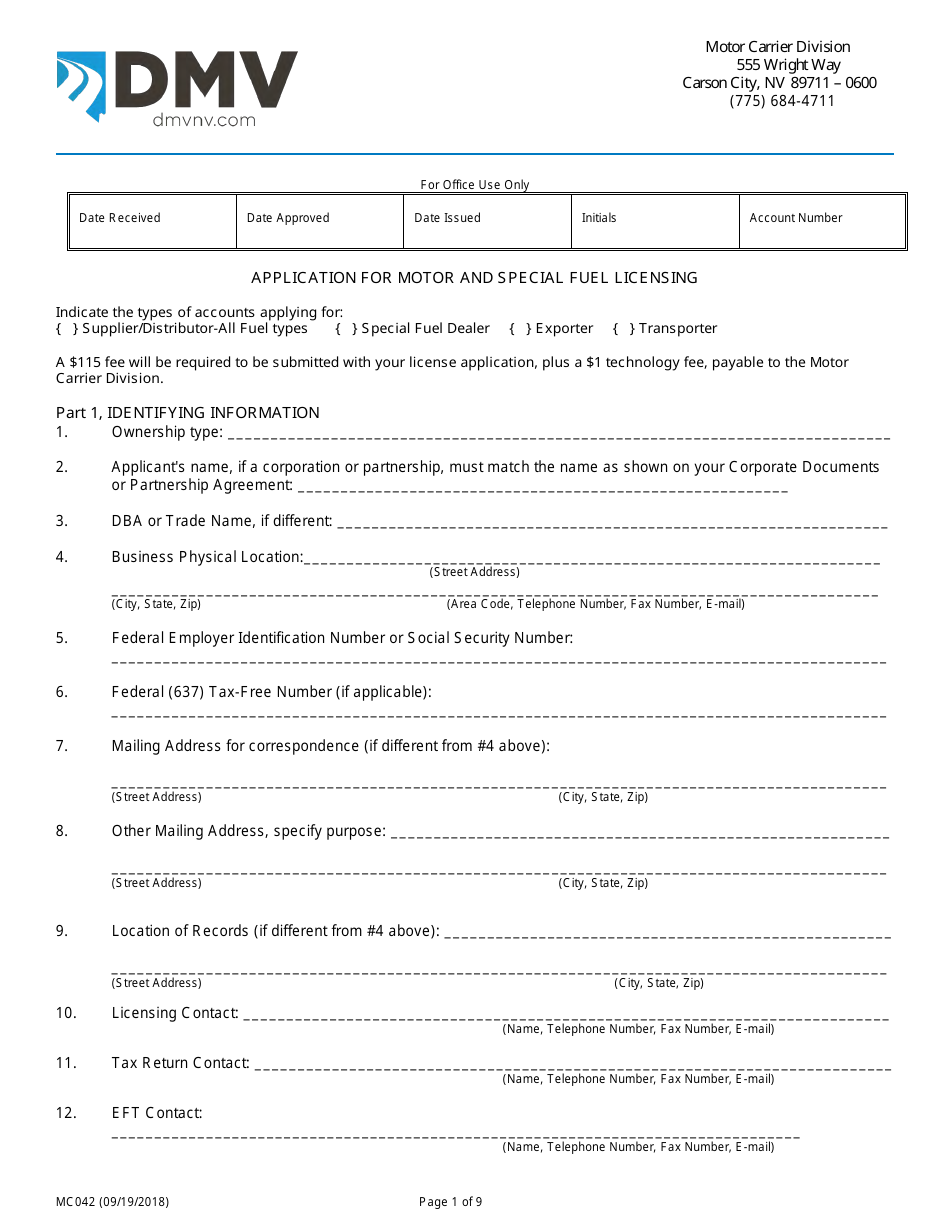 Form MC042 Application for Motor and Special Fuel Licensing - Nevada, Page 1