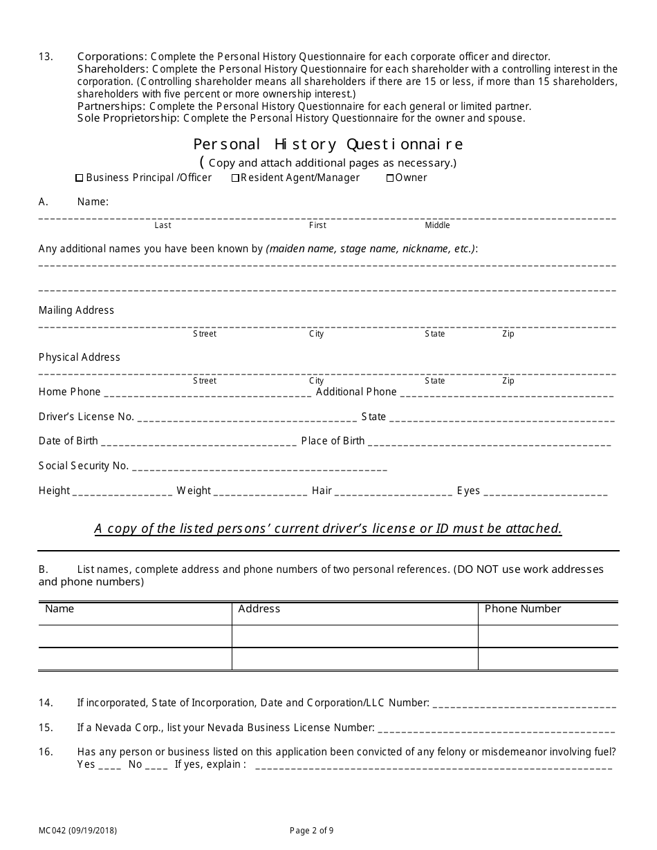 Form MC042 Application for Motor and Special Fuel Licensing - Nevada, Page 2