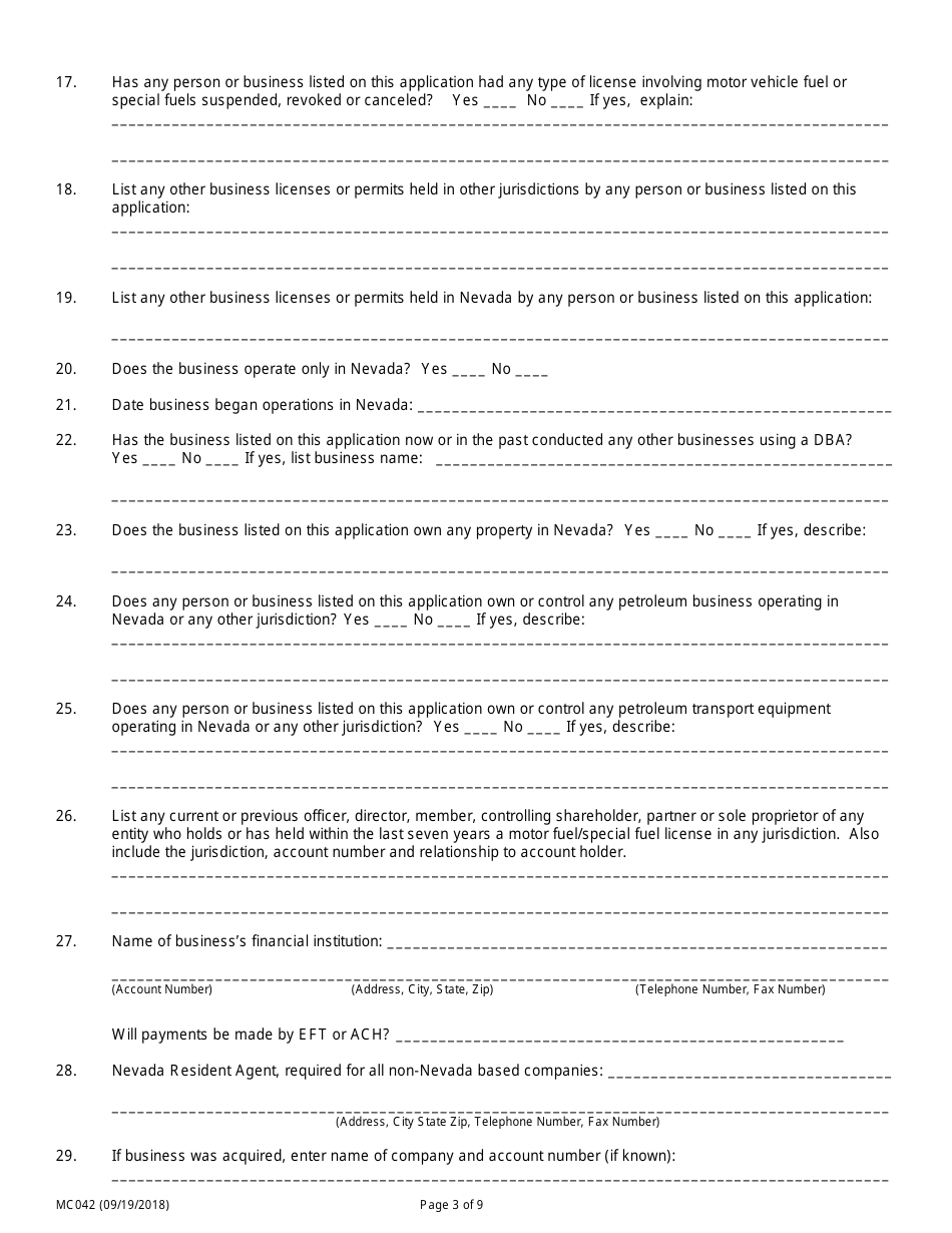 Form MC042 Application for Motor and Special Fuel Licensing - Nevada, Page 3