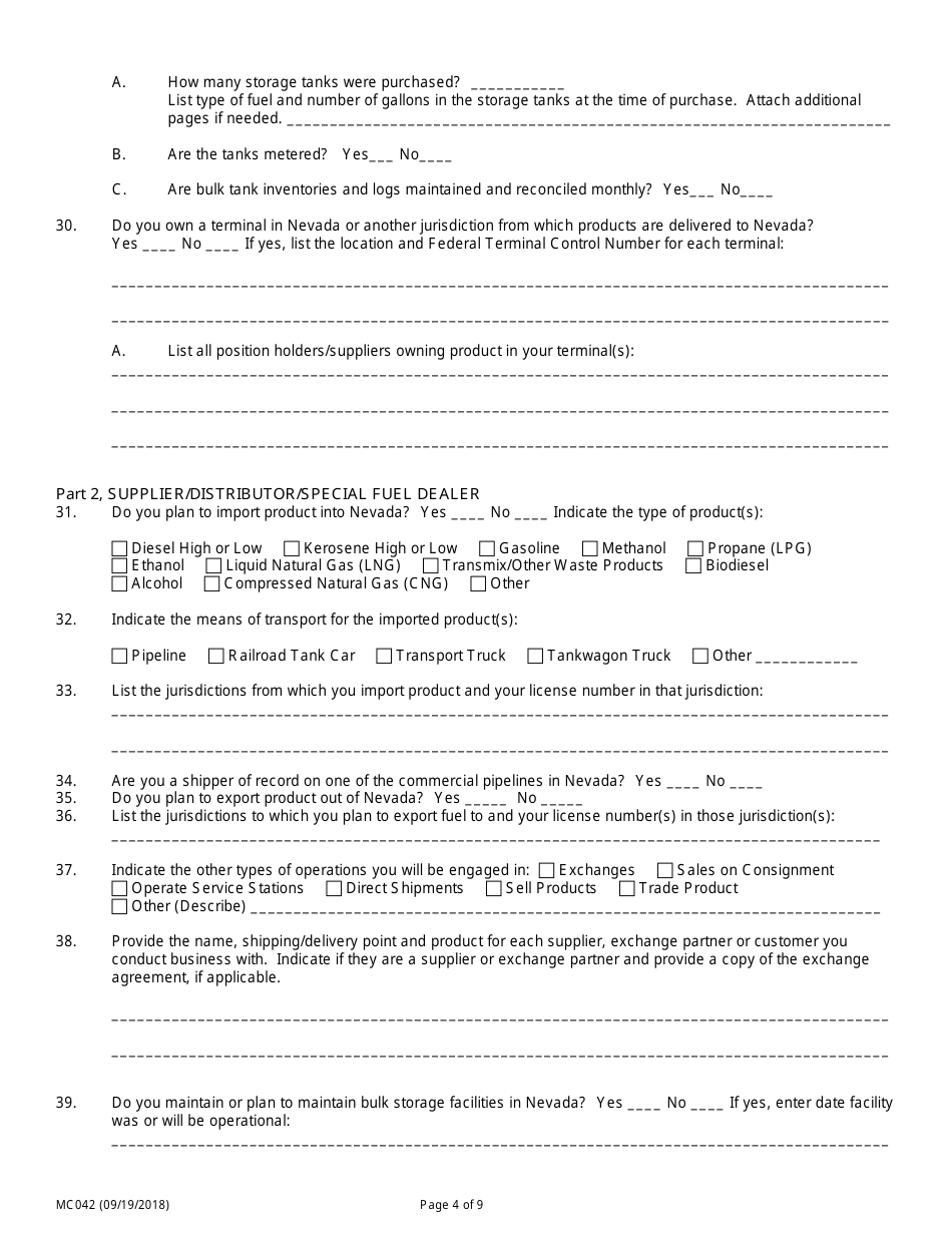 Form MC042 Application for Motor and Special Fuel Licensing - Nevada, Page 4