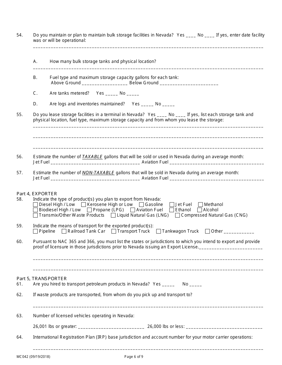 Form MC042 Application for Motor and Special Fuel Licensing - Nevada, Page 6