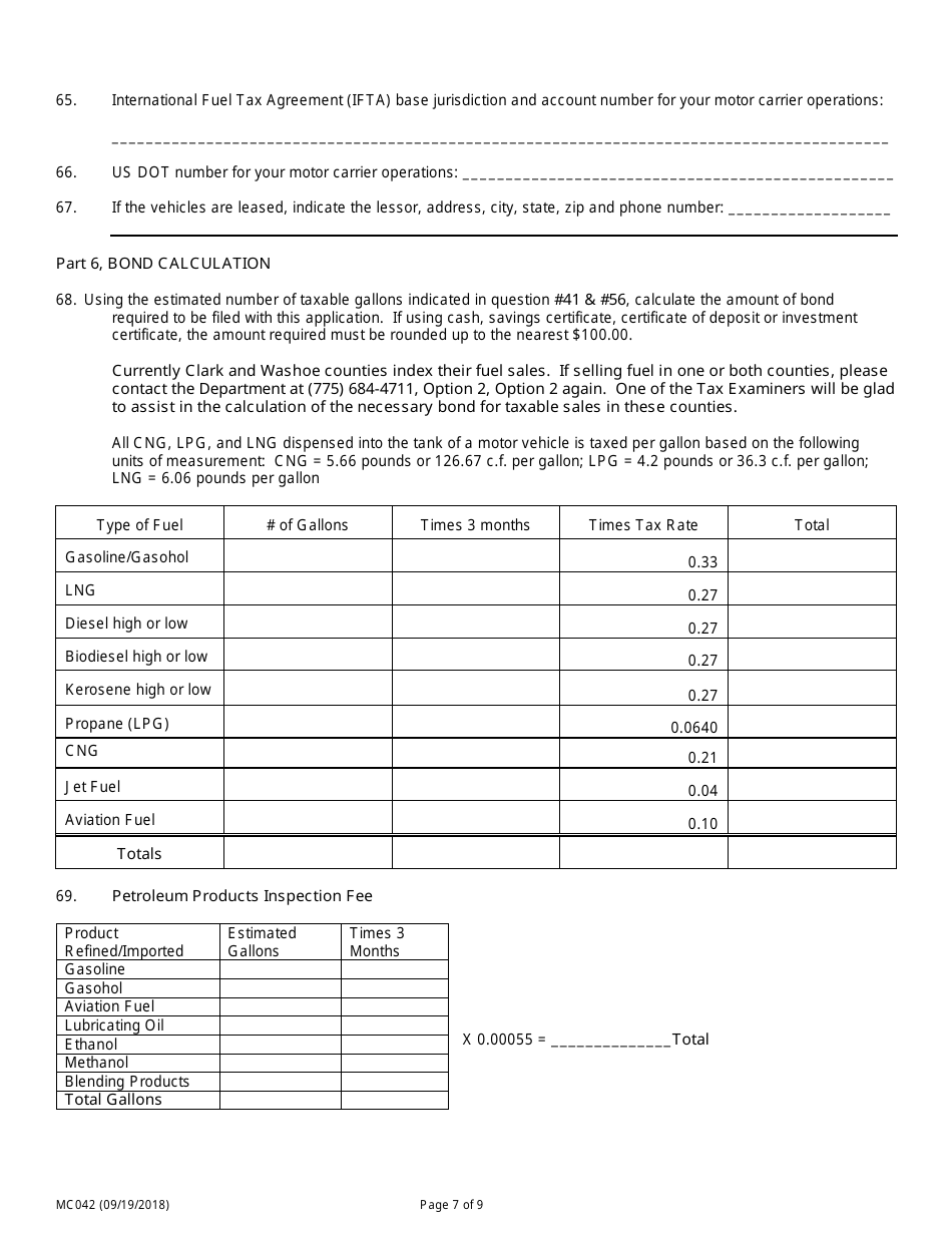 Form MC042 Application for Motor and Special Fuel Licensing - Nevada, Page 7