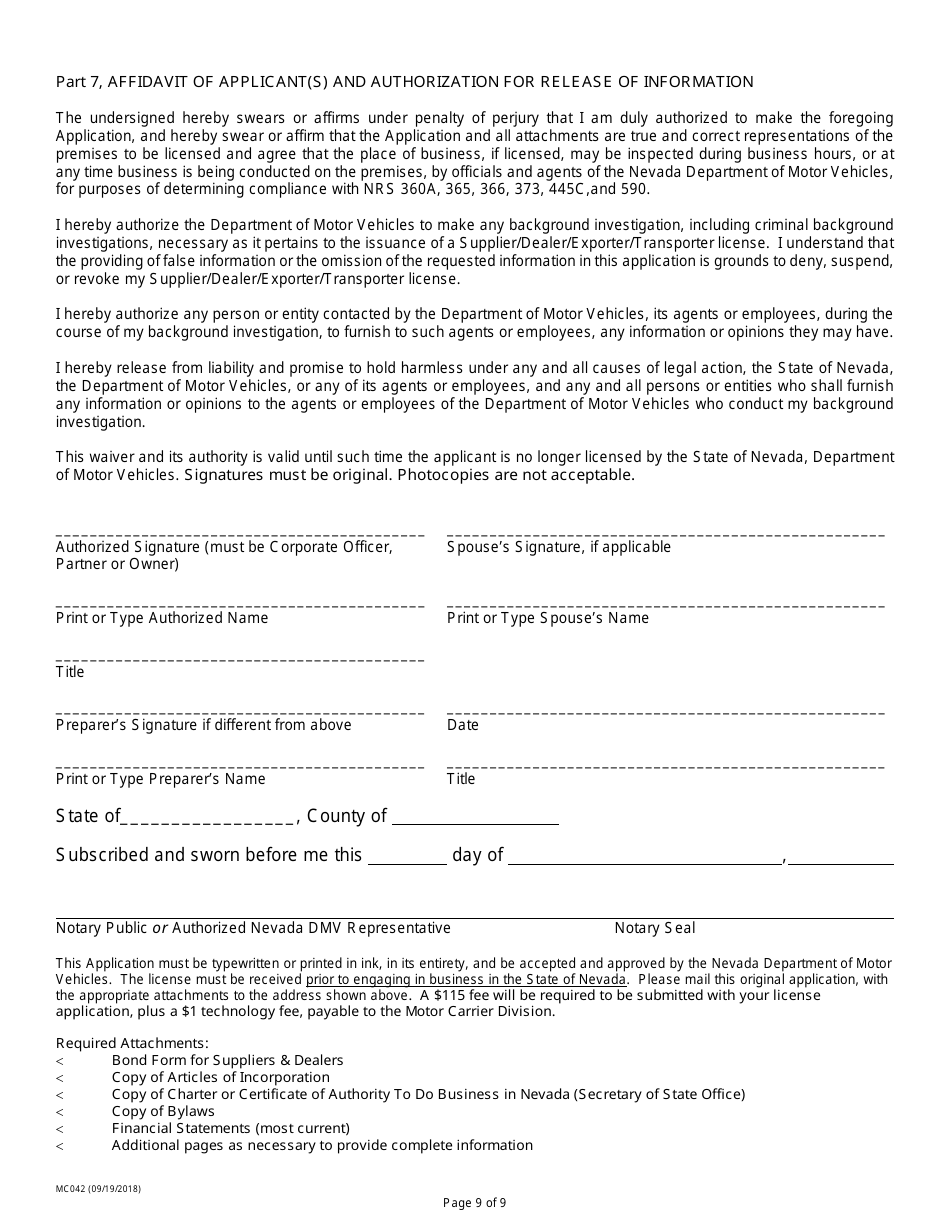 Form MC042 Application for Motor and Special Fuel Licensing - Nevada, Page 9