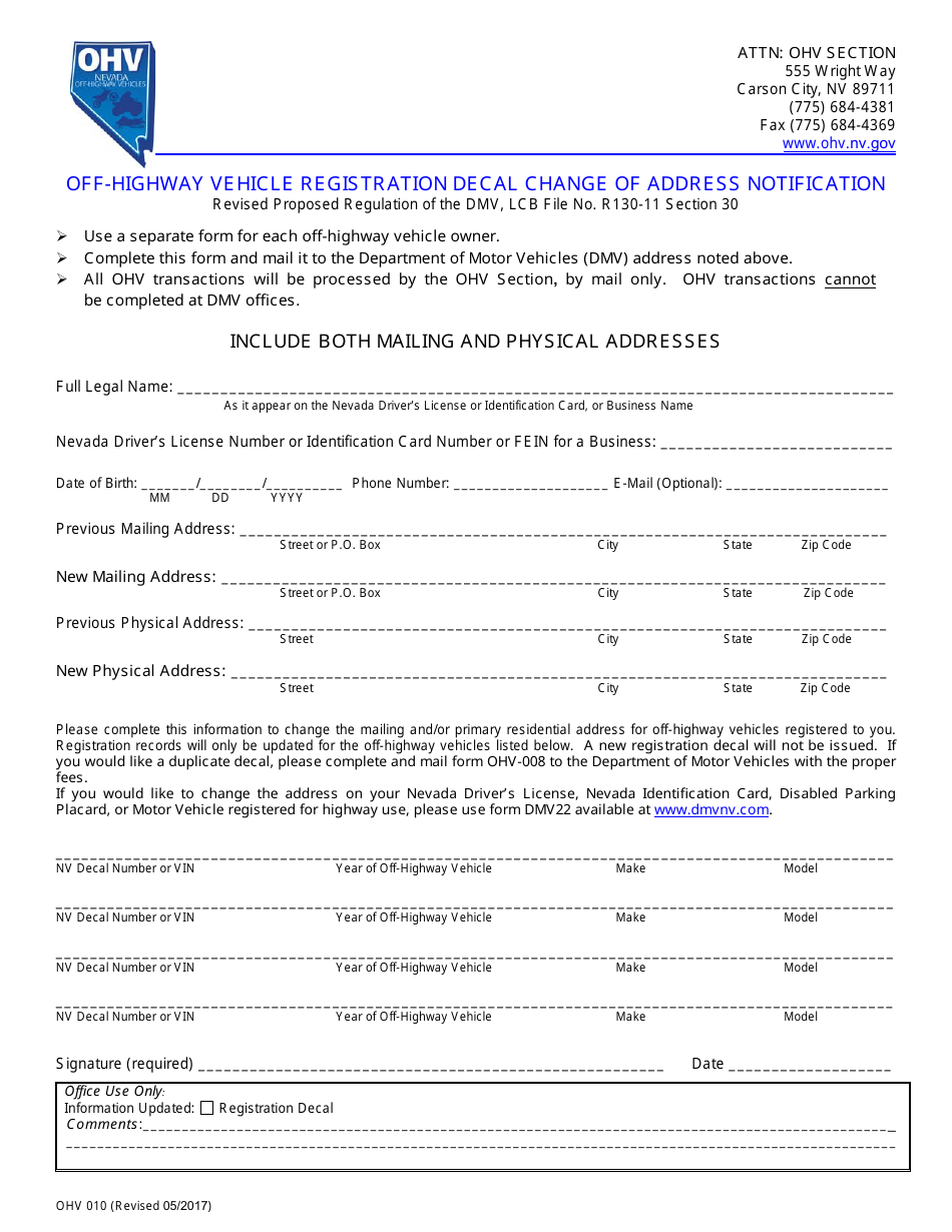 Form OHV010 Off-Highway Vehicle Registration Decal Change of Address Notification - Nevada, Page 1