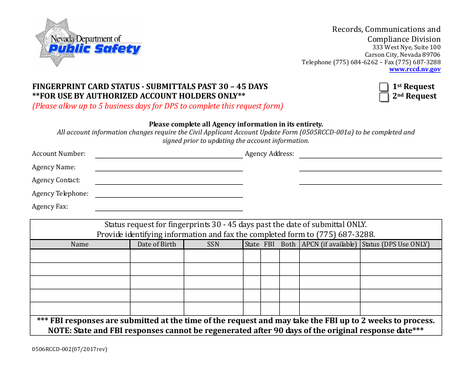 Form 0506RCCD-002 Fingerprint Card Status - Submittals Past 30-45 Days - Nevada, Page 1