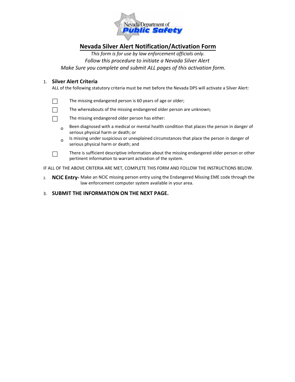 Nevada Silver Alert Notification / Activation Form - Nevada, Page 1