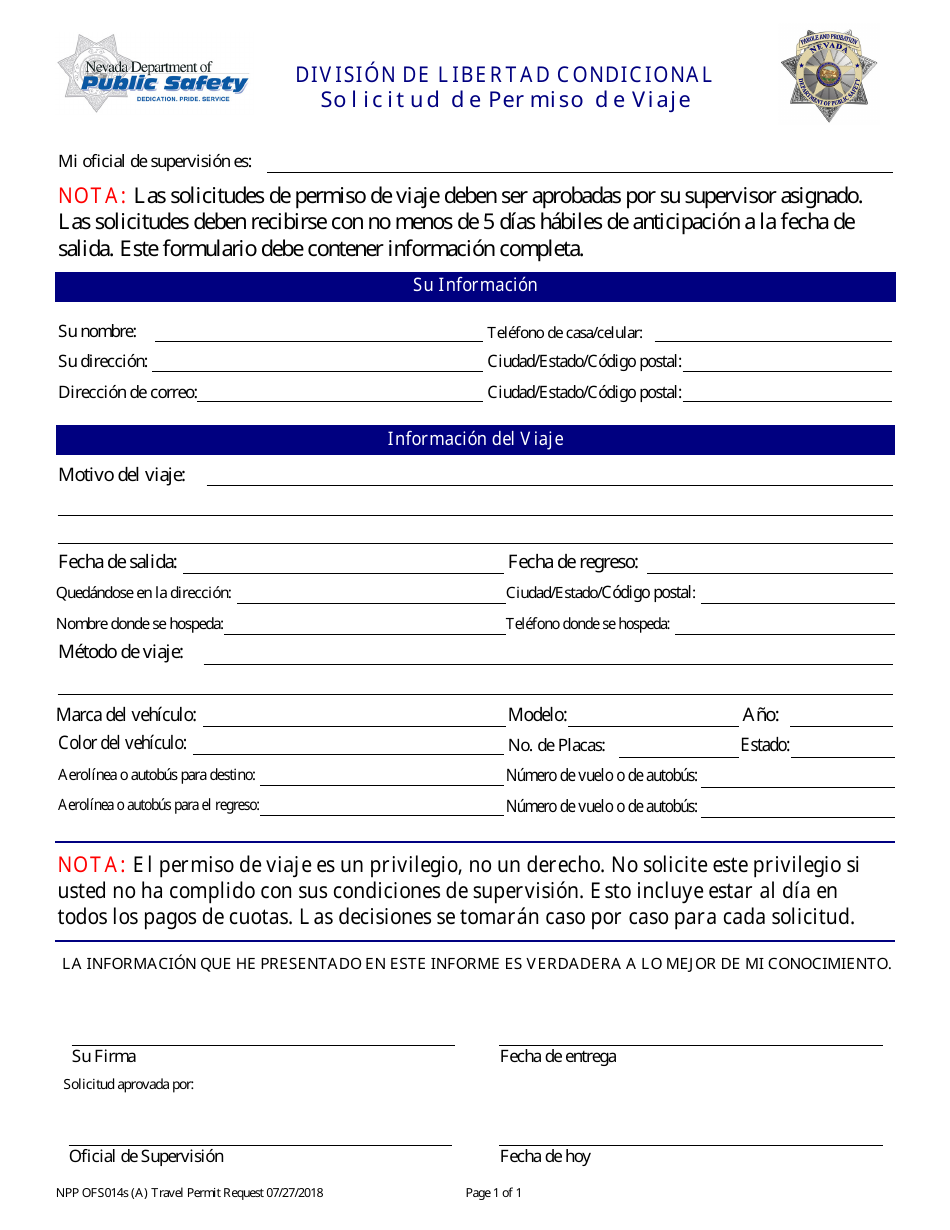 Formulario NPP OFS014S Solicitud De Permiso De Viaje - Nevada (Spanish), Page 1