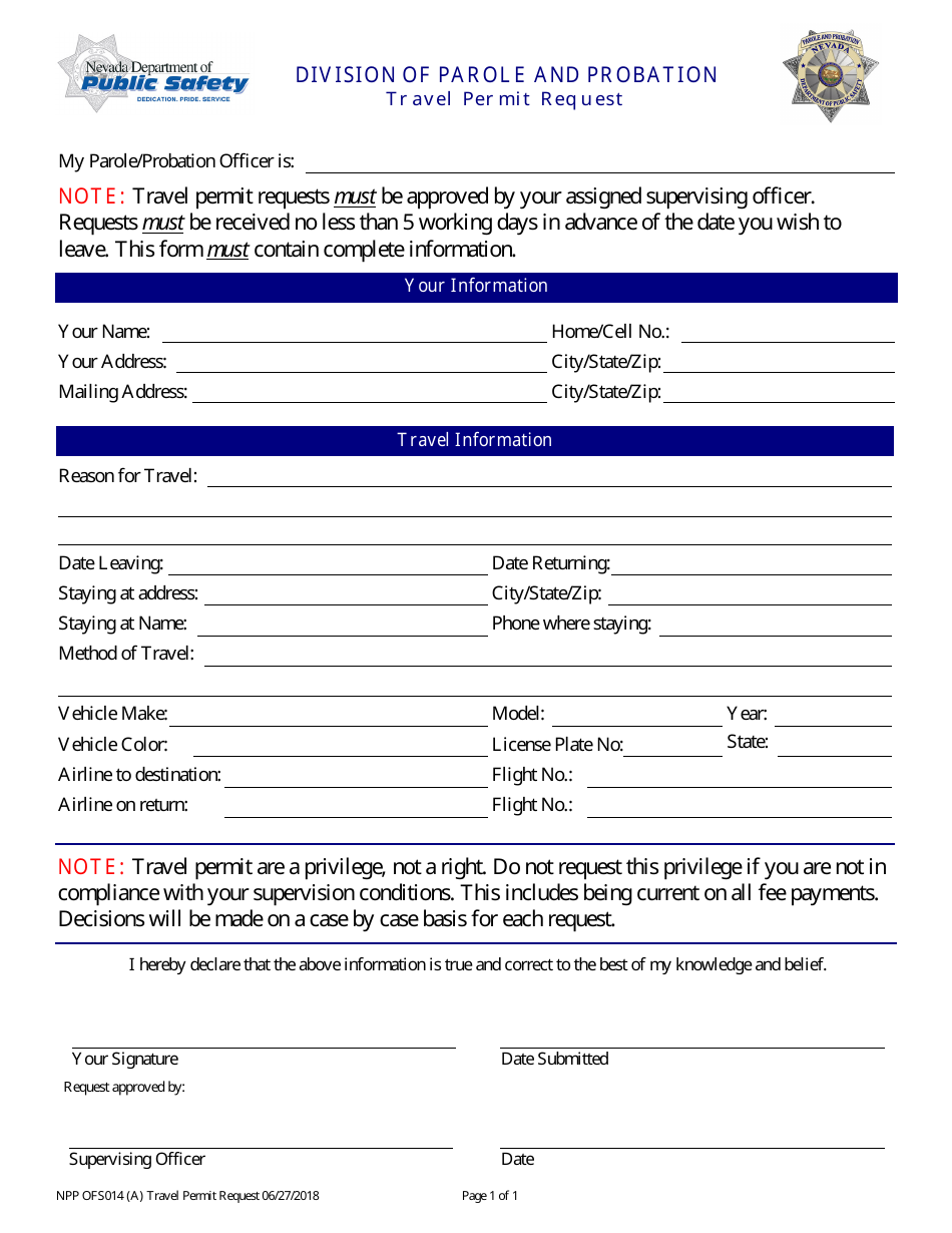 Form NPP OFS014 (A) Travel Permit Request - Nevada, Page 1