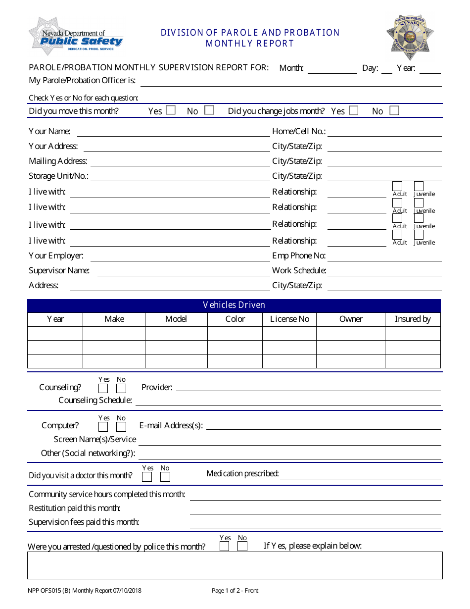 Form NPP OFS015 Monthly Report - Nevada, Page 1