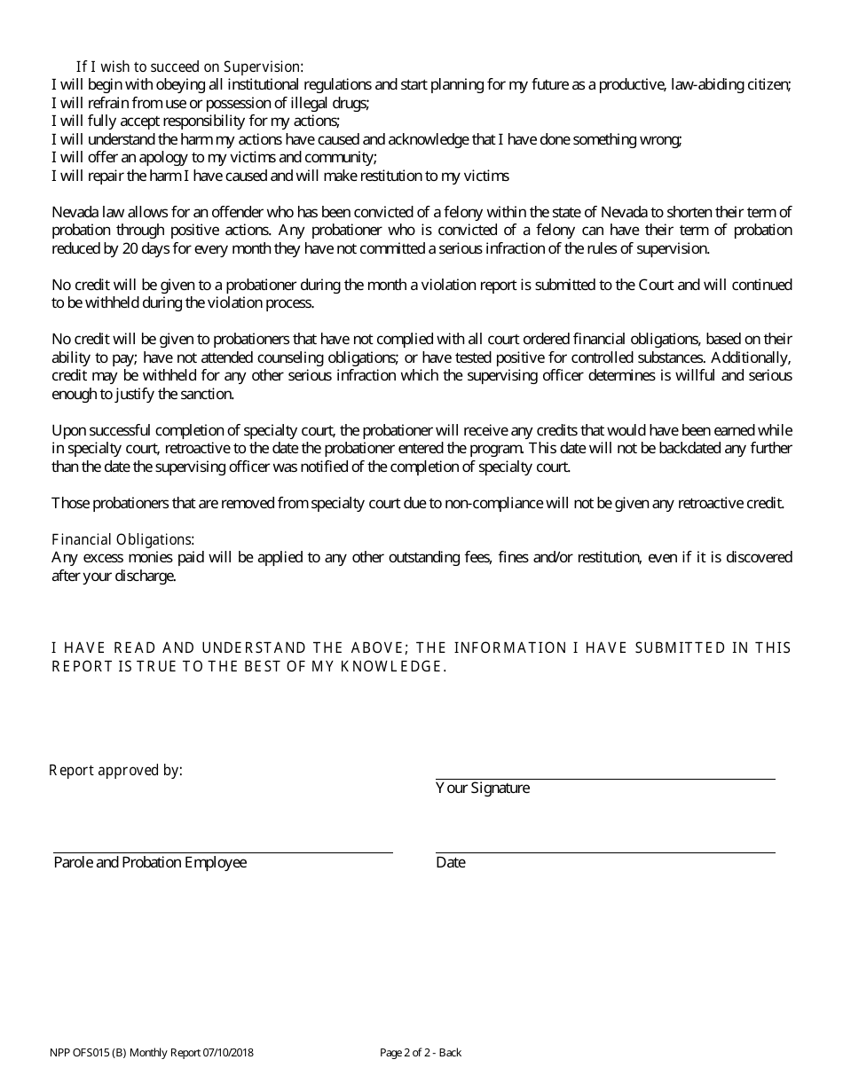 Form NPP OFS015 Monthly Report - Nevada, Page 2