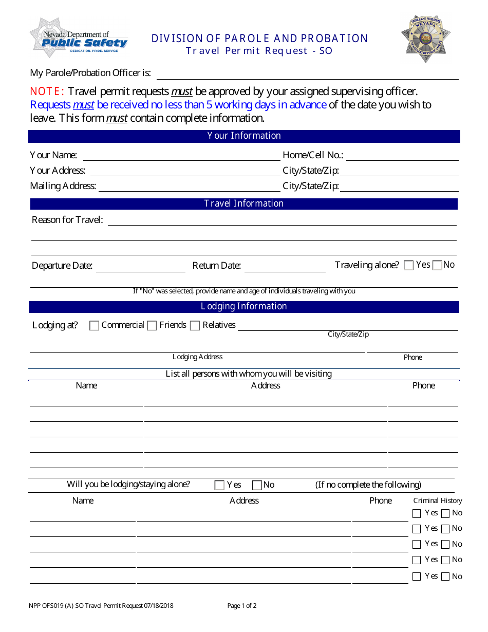 Form NPP OFS019 Travel Permit Request - Sex Offender - Nevada, Page 1