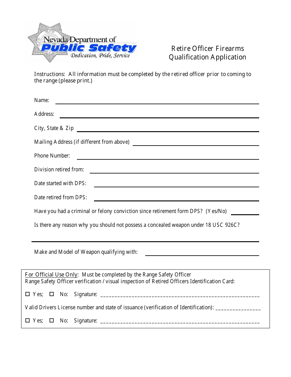 Retire Officer Firearms Qualification Application Form - Nevada, Page 1