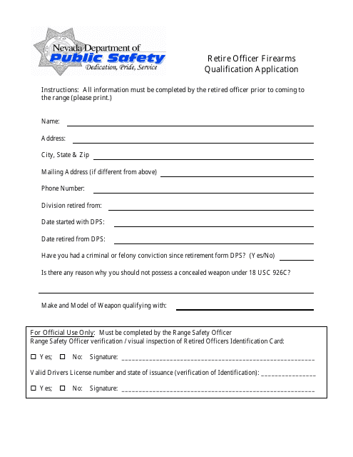 Retire Officer Firearms Qualification Application Form - Nevada Download Pdf
