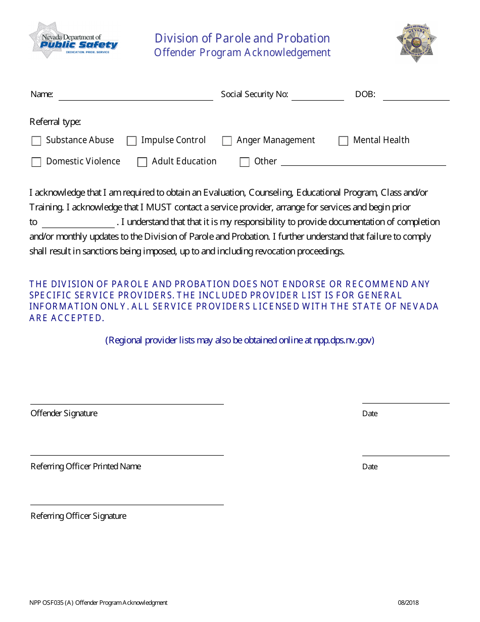Form NPP OFS035 Offender Program Acknowledgement - Nevada, Page 1