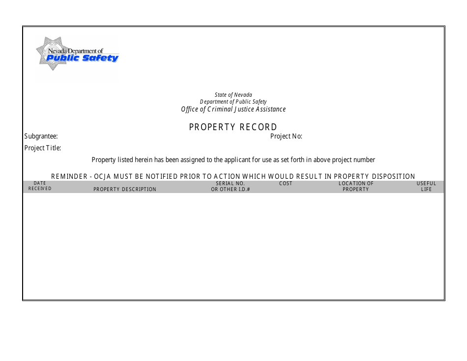 Nevada Property Record Form Fill Out, Sign Online and Download PDF