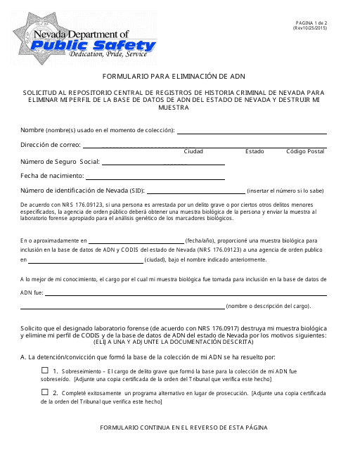 Formulario Para Eliminacion De Adn - Nevada (Spanish) Download Pdf