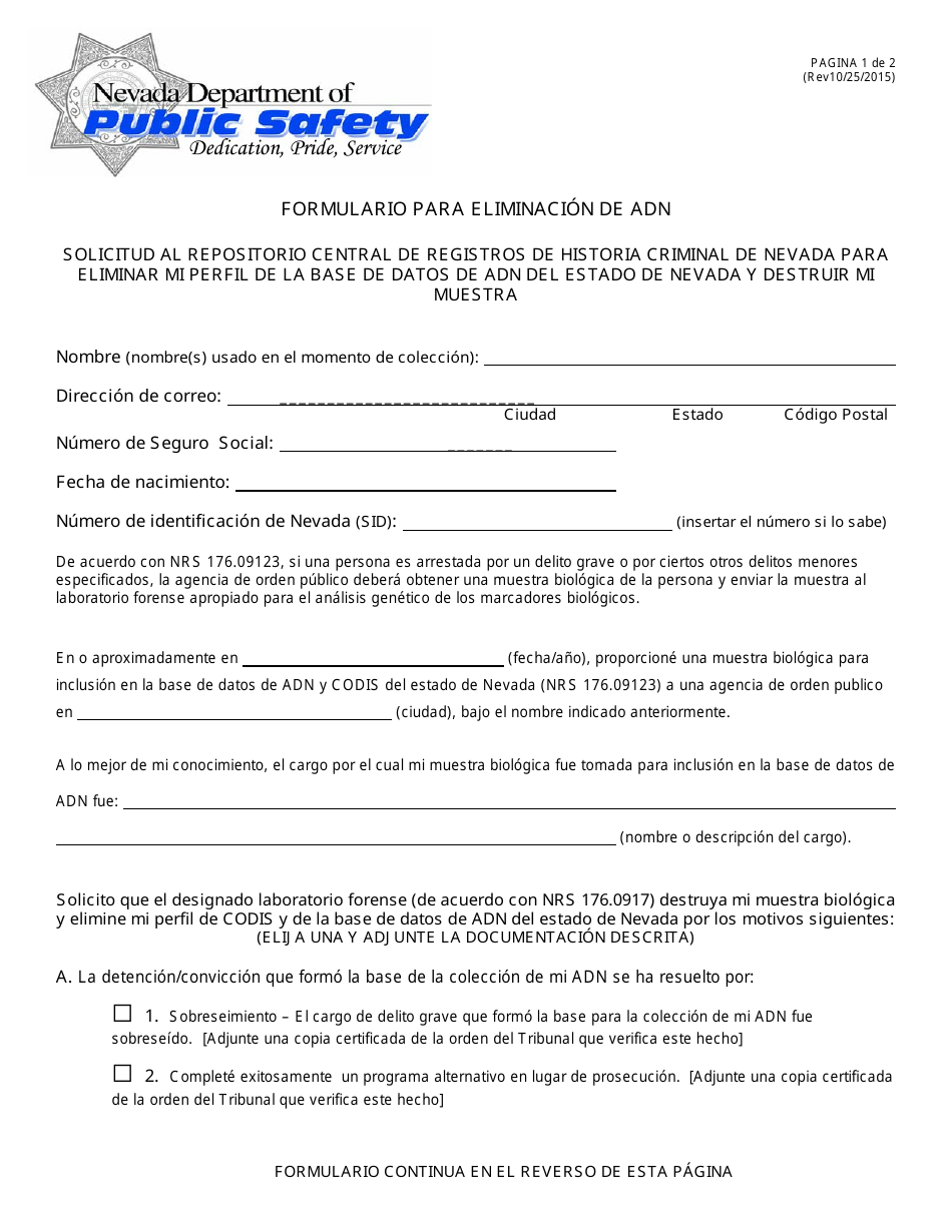 Formulario Para Eliminacion De Adn - Nevada (Spanish), Page 1