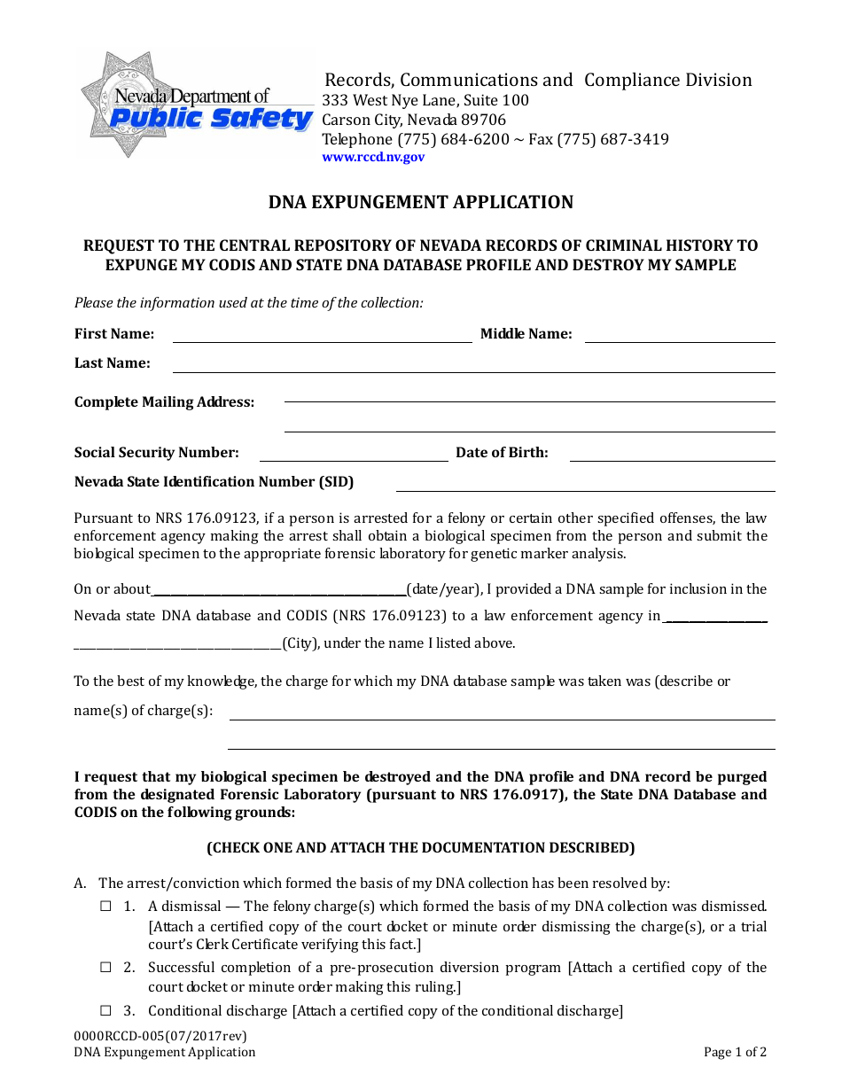 Form 0000RCCD-005 Dna Expungement Application - Nevada, Page 1