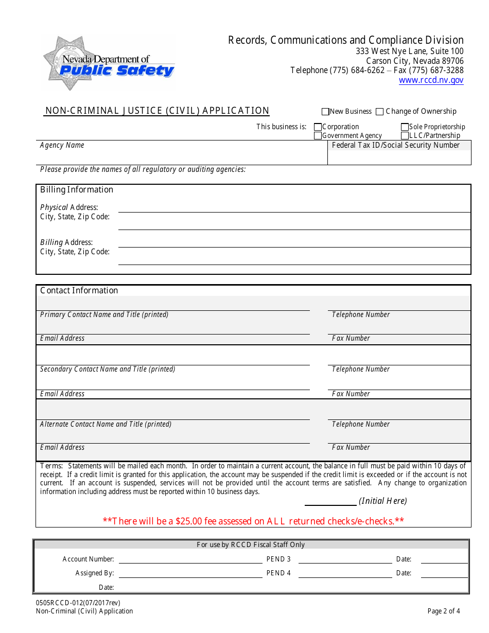Form 0505RCCD-012 Non-criminal Justice (Civil) Application - Nevada, Page 2