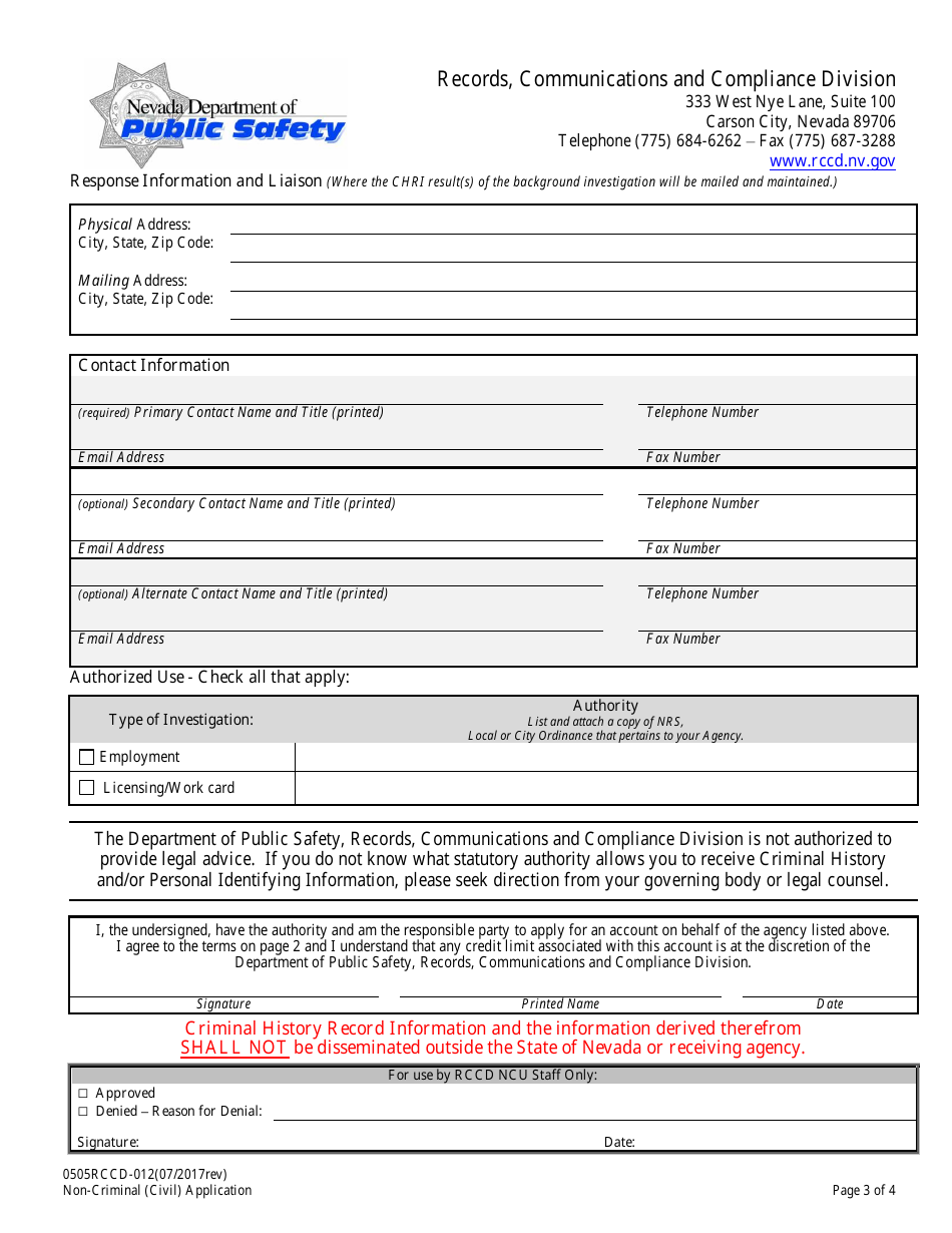 Form 0505RCCD-012 Non-criminal Justice (Civil) Application - Nevada, Page 3