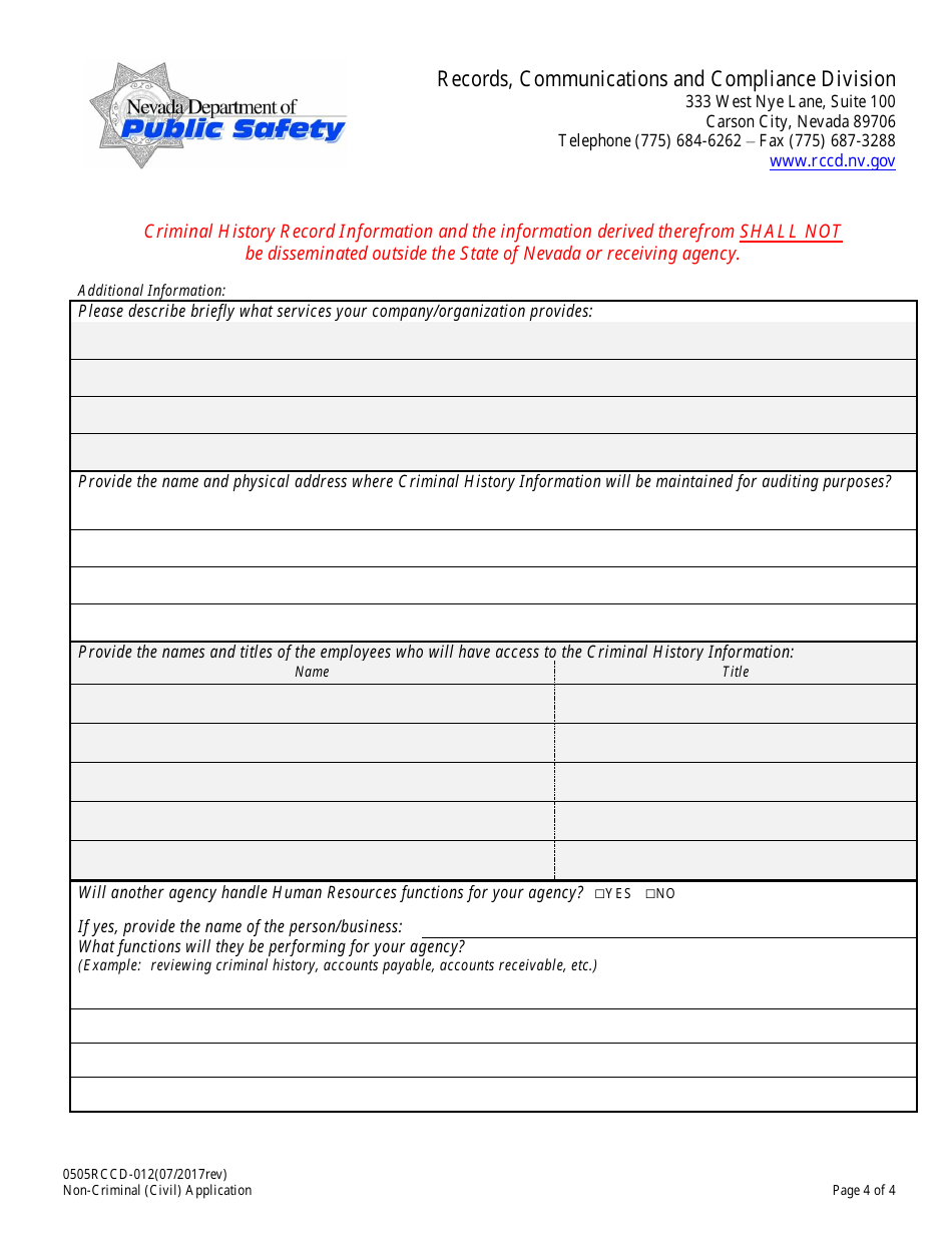 Form 0505RCCD-012 Non-criminal Justice (Civil) Application - Nevada, Page 4