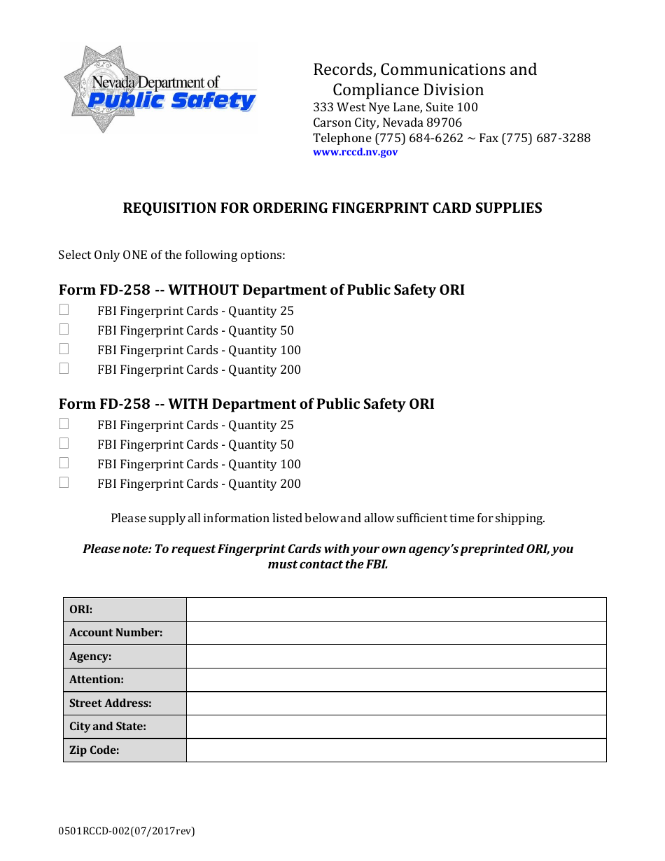 Form 0501 RCCD-002 Requisition for Ordering Fingerprint Card Supplies - Nevada, Page 1