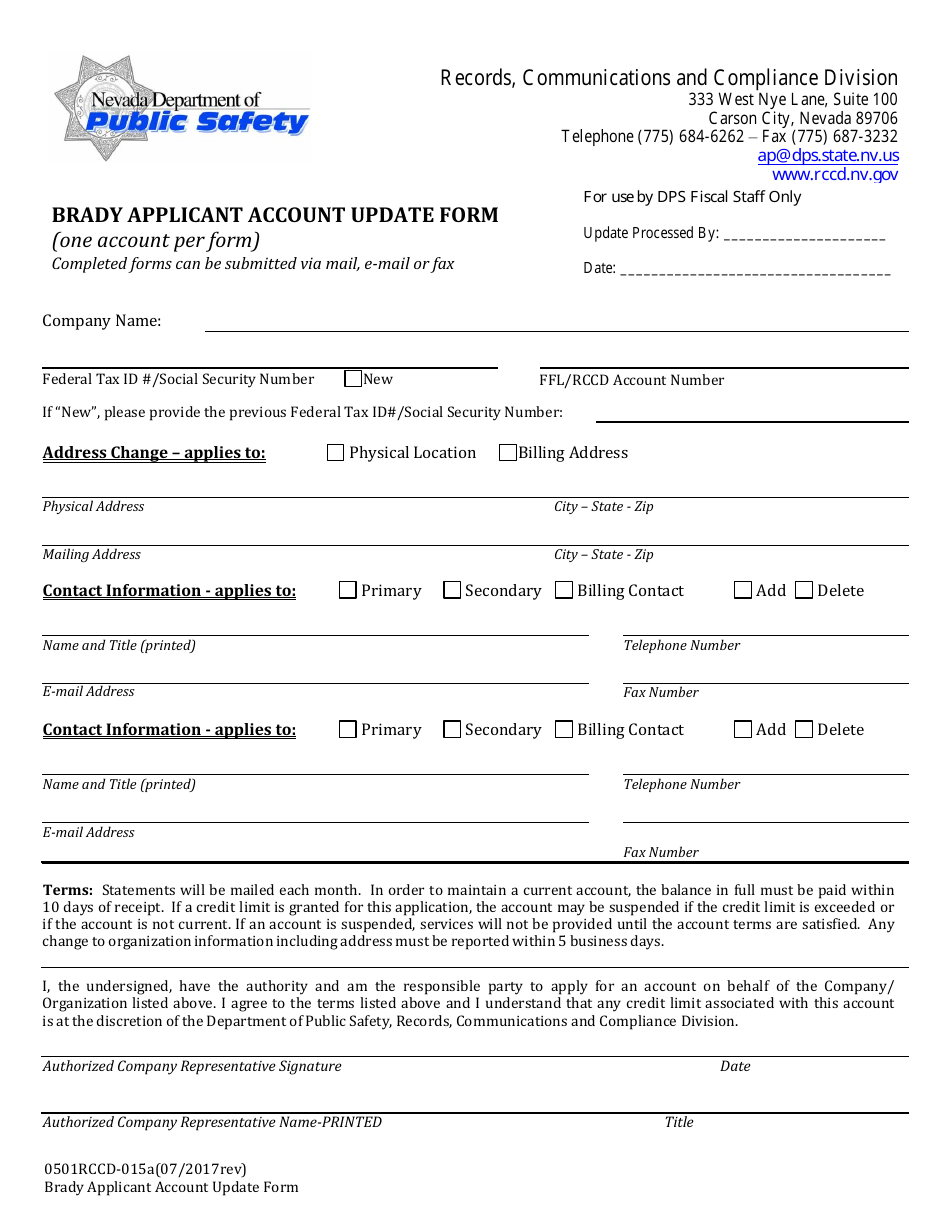 Form 9501RCCD-015A Brady Applicant Account Update Form - Nevada, Page 1
