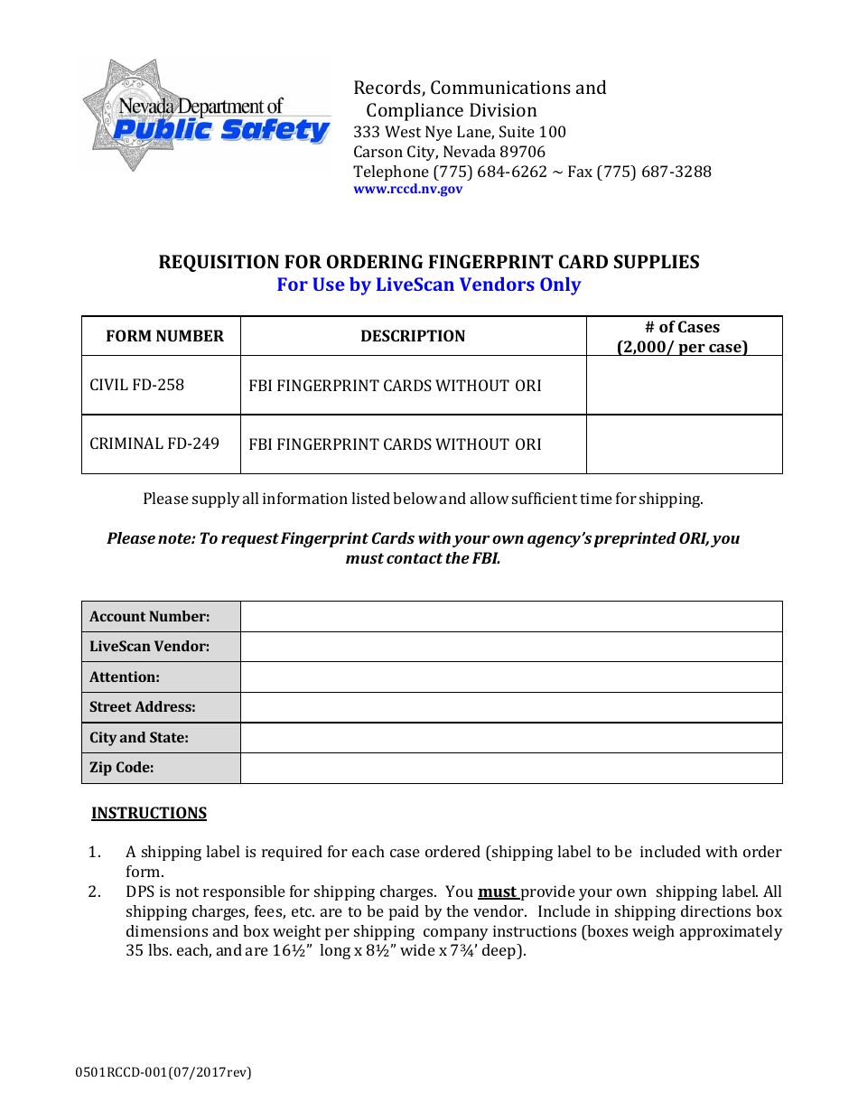 Form 0501RCCD-001 Requisition for Ordering Fingerprint Card Supplies for Use by Livescan Vendors Only - Nevada, Page 1
