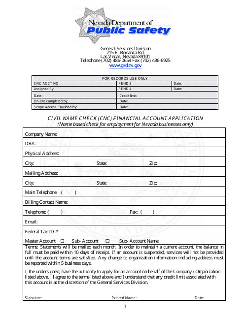 Civil Name Check (Cnc) Financial Account Application Form - Nevada Download Pdf