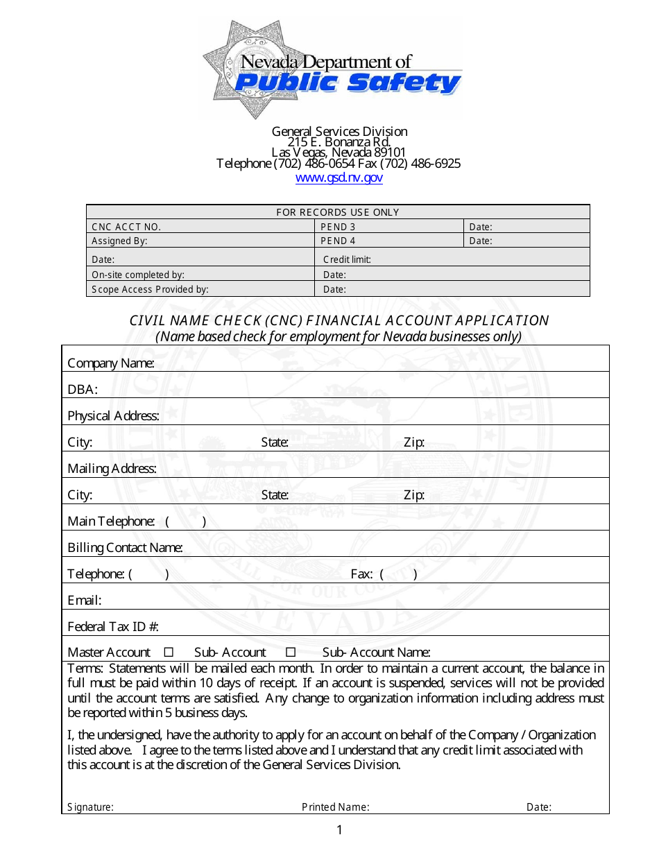 Civil Name Check (Cnc) Financial Account Application Form - Nevada, Page 1