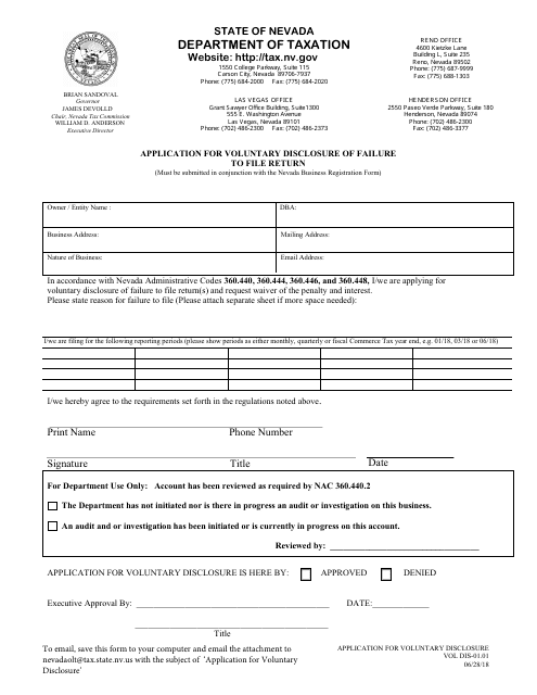 Application for Voluntary Disclosure of Failure to File Return - Nevada Download Pdf