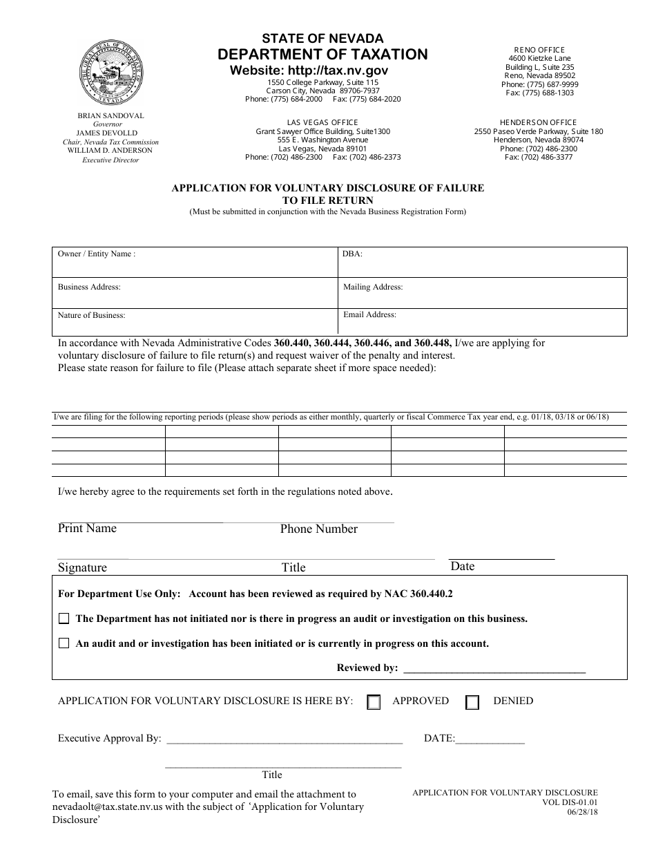 Application for Voluntary Disclosure of Failure to File Return - Nevada, Page 1