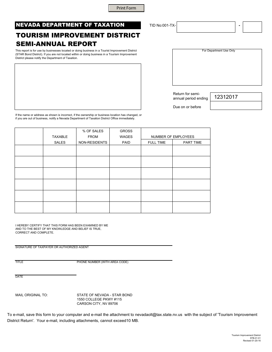 Form STB-01.01 Tourism Improvement District Semi-annual Report - Nevada, Page 1