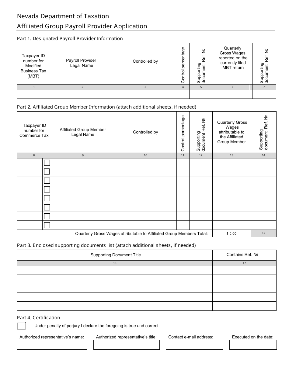 Affiliated Group Payroll Provider Application - Nevada, Page 1