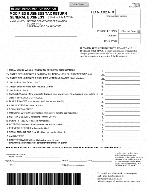 Form TXR-020.05 (MBT-GB)  Printable Pdf