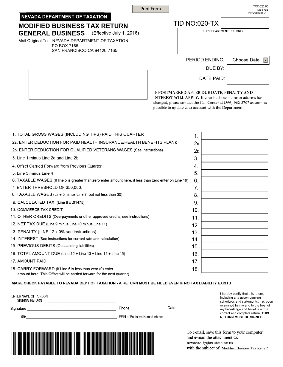 Form TXR-020.05 (MBT-GB) Modified Business Tax Return-General Businesses - Nevada, Page 1