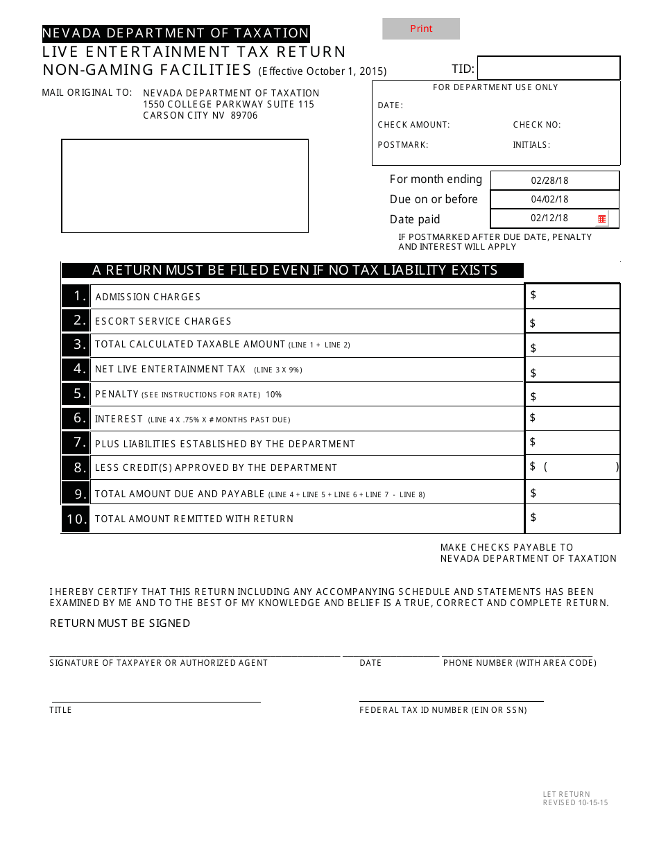 Live Entertainment Tax Return - Non-gaming Facilities - Nevada, Page 1