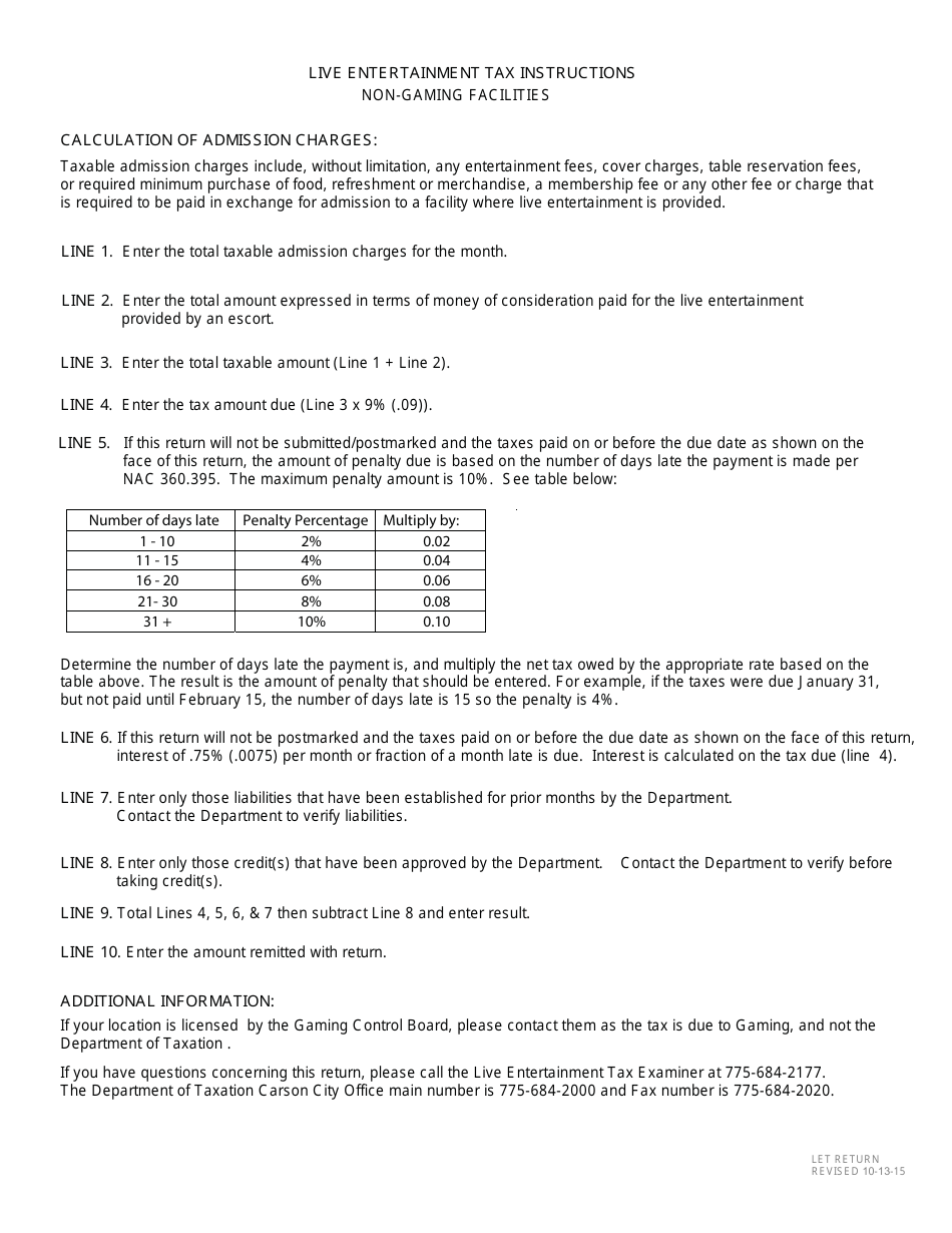 Live Entertainment Tax Return - Non-gaming Facilities - Nevada, Page 2