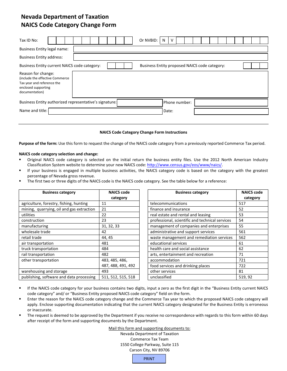 Naics Code Category Change Form - Nevada, Page 1