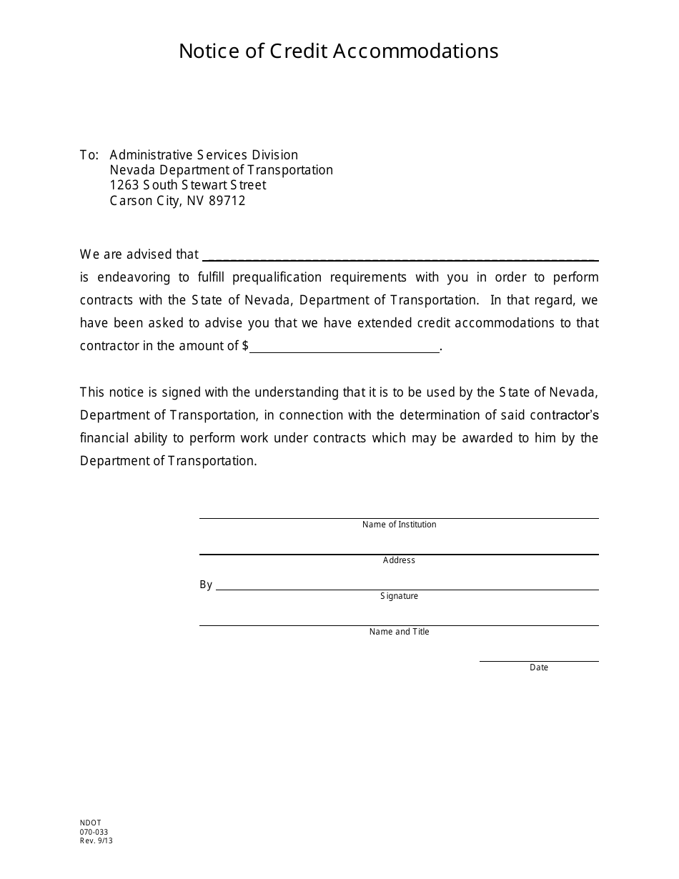 NDOT Form 070-033 Notice of Credit Accommodations - Nevada, Page 1