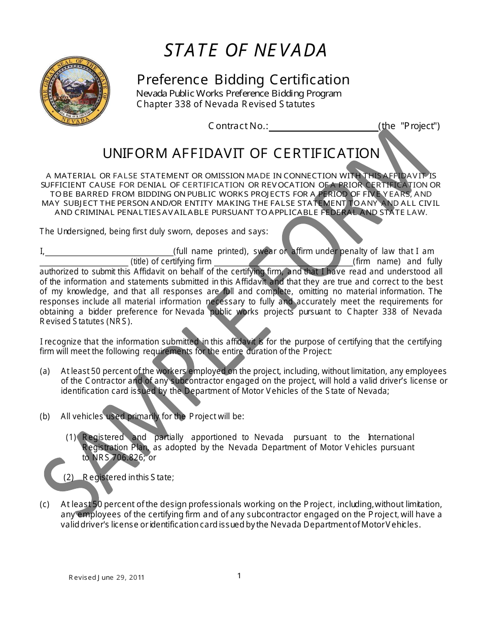 Uniform Affidavit of Certification - Preference Bidding Certification - Sample - Nevada, Page 1
