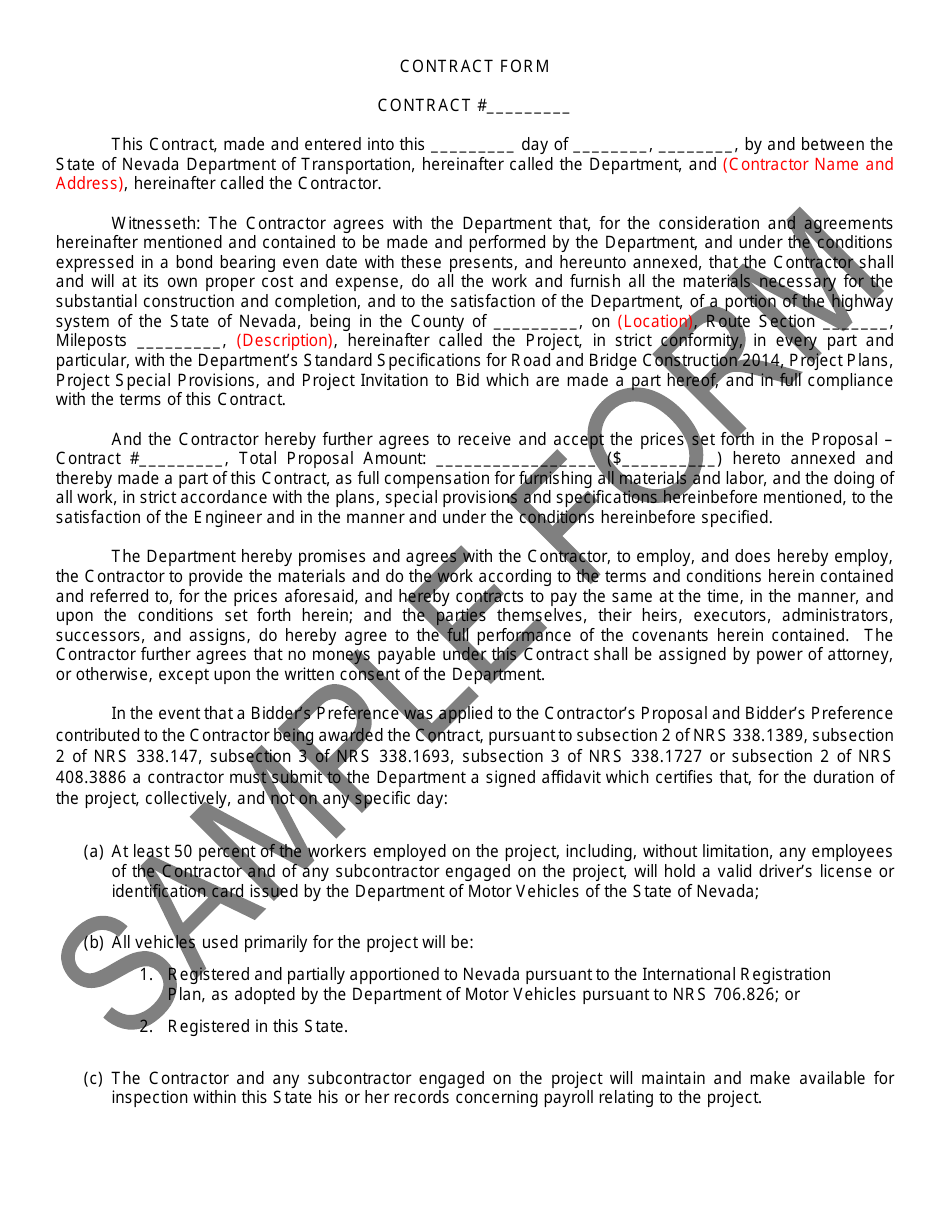 Contract and Bond Form - Sample - Nevada, Page 1