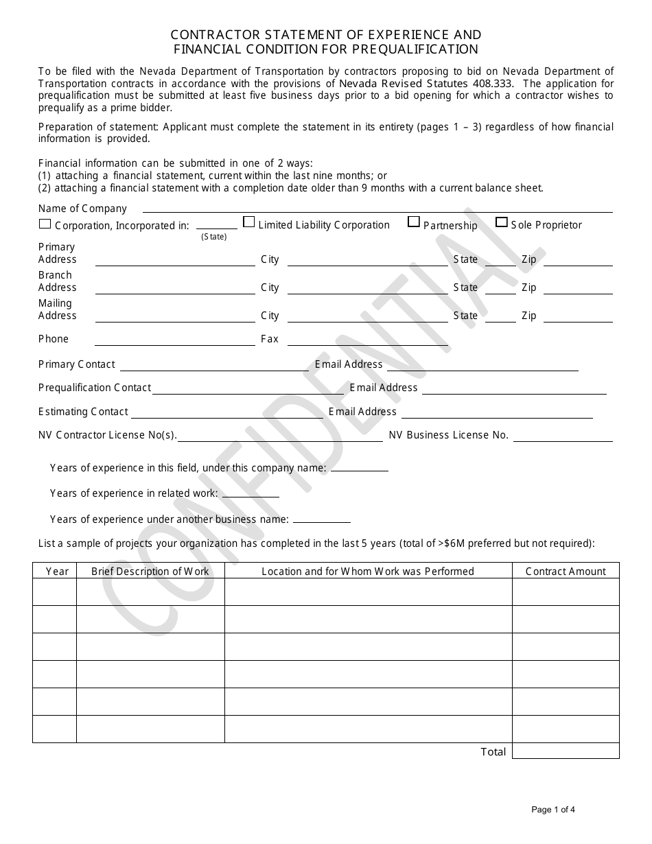 Contractor Statement of Experience and Financial Condition for Prequalification - Nevada, Page 1
