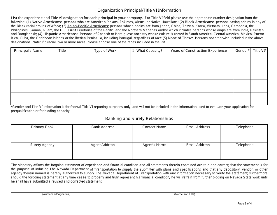 Contractor Statement of Experience and Financial Condition for Prequalification - Nevada, Page 3
