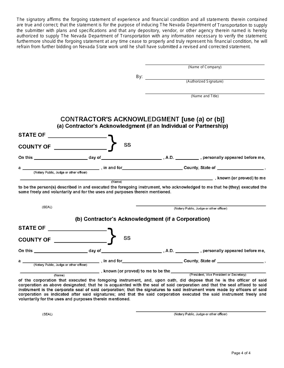 Nevada Contractor Statement of Experience and Financial Condition for ...