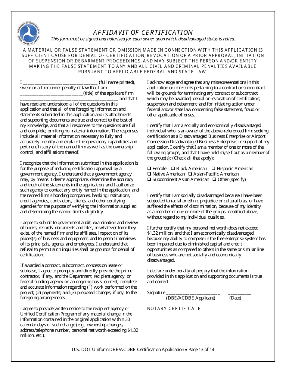 Affidavit of Certification - Nevada, Page 1
