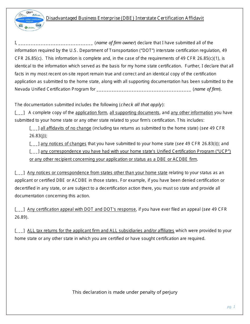 Interstate Certification Affidavit Form - Disadvantaged Business Enterprise (Dbe) - Nevada, Page 1