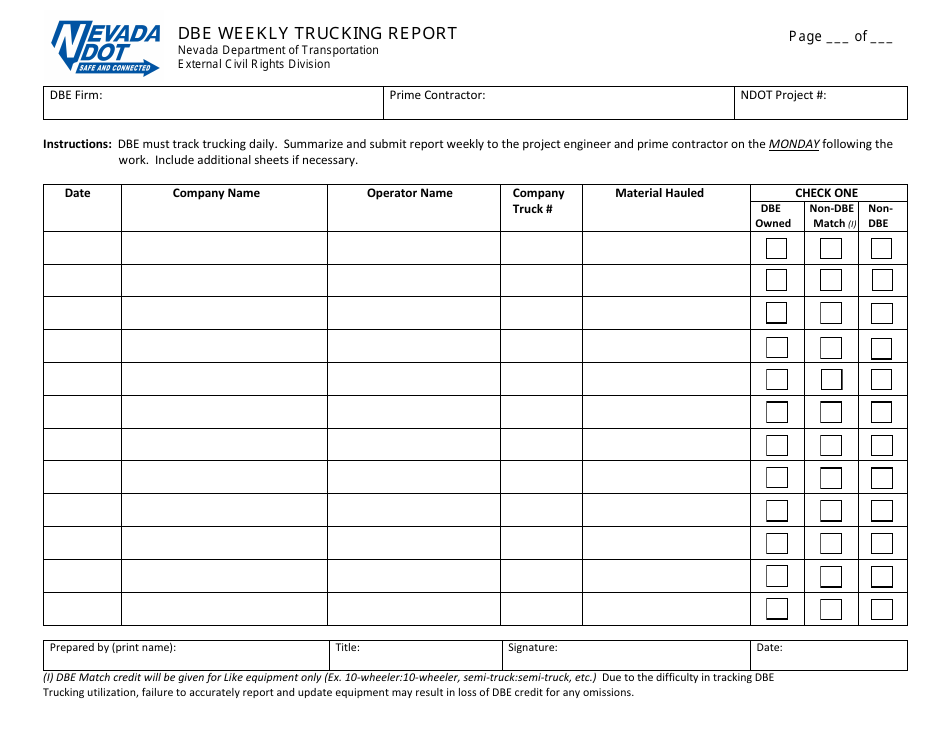 Dbe Weekly Trucking Report Form - Nevada, Page 1